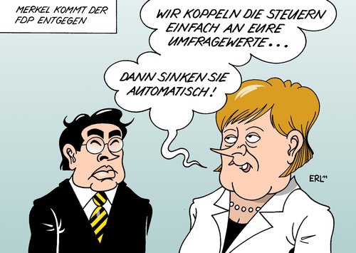 Cartoon: Steuersenkungen (medium) by Erl tagged steuer,steuern,steuersenkungen,fdp,cdu,csu,schwarz,gelb,regierung,deutschland,philipp,rösler,wirtschaftsminister,umfragewerte,sinken,angela,merkel,bundeskanzlerin,steuer,steuern,steuersenkungen,fdp,cdu,csu,schwarz,regierung,deutschland,wirtschaftsminister,umfragewerte,sinken,rösler,philipp,merkel,bundeskanzlerin,angela