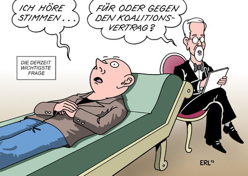 Cartoon: Stimmen (medium) by Erl tagged spd,mitgliederentscheid,basis,abstimmung,mitglied,entscheid,koalitionsvertrag,cdu,csu,schwraz,rot,große,koalition,groko,frage,analyse,stimmen,psychose,psychoanalyse,couch,spd,mitgliederentscheid,basis,abstimmung,mitglied,entscheid,koalitionsvertrag,cdu,csu,schwraz,rot,große,koalition,groko,frage,analyse,stimmen,psychose,psychoanalyse,couch