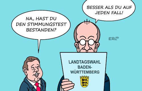 Cartoon: Stimmungstest (medium) by Erl tagged politik,landtagswahl,baden,württemberg,test,stimmungstest,koalition,bund,berlin,cdu,spd,merz,klingbeil,karikatur,erl,politik,landtagswahl,baden,württemberg,test,stimmungstest,koalition,bund,berlin,cdu,spd,merz,klingbeil,karikatur,erl