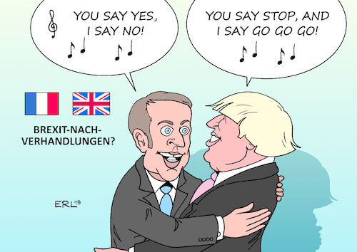 Cartoon: Hello Goodbye (medium) by Erl tagged politik,brexit,großbritannien,gb,uk,austritt,eu,premierminister,boris,johnson,nachverhandlung,werbetour,frankreich,präsident,emmanuel,macron,nein,no,lied,beatles,hello,goodbye,karikatur,erl,politik,brexit,großbritannien,gb,uk,austritt,eu,premierminister,boris,johnson,nachverhandlung,werbetour,frankreich,präsident,emmanuel,macron,nein,no,lied,beatles,hello,goodbye,karikatur,erl