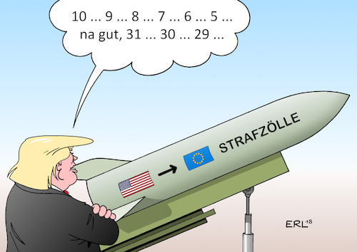 Cartoon: Strafzölle Aufschub II (medium) by Erl tagged politik,usa,präsident,donald,trump,rechtspopulismus,nationalismus,handelsbarrieren,strafzölle,stahl,aluminium,eu,reaktion,gegenmaßnahmen,eskalation,handelskrieg,wirtschaft,handel,freihandel,geld,aufschub,countdown,rakete,bombe,europa,karikatur,erl,politik,usa,präsident,donald,trump,rechtspopulismus,nationalismus,handelsbarrieren,strafzölle,stahl,aluminium,eu,reaktion,gegenmaßnahmen,eskalation,handelskrieg,wirtschaft,handel,freihandel,geld,aufschub,countdown,rakete,bombe,europa,karikatur,erl