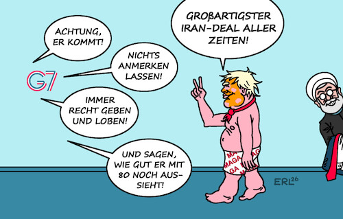 Cartoon: Strahlender Sieger (medium) by Erl tagged politik,usa,trump,irankrieg,deal,niederlage,g7,lob,schmeicheleien,narzisst,laune,karikatur,erl,politik,usa,trump,irankrieg,deal,niederlage,g7,lob,schmeicheleien,narzisst,laune,karikatur,erl
