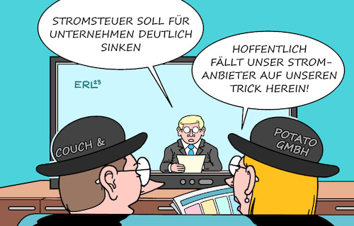 Cartoon: Stromsteuer (medium) by Erl tagged politik,wirtschaft,industrie,wettbewerbsfähigkeit,deutschland,senkung,stromsteuer,unternehmen,privathaushalte,trick,hut,stromanbieter,couchpotato,gmbh,karikatur,erl,politik,wirtschaft,industrie,wettbewerbsfähigkeit,deutschland,senkung,stromsteuer,unternehmen,privathaushalte,trick,hut,stromanbieter,karikatur,erl