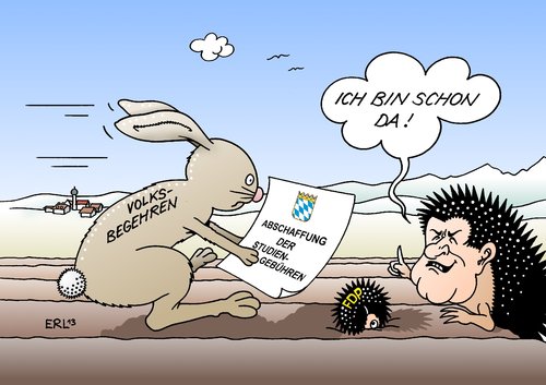 Cartoon: Studiengebühr Bayern (medium) by Erl tagged volksbegehren,bayern,studiengebühr,abschaffung,koalition,csu,fdp,konflikt,seehofer,populismus,hase,und,igel,studiengebühr,bayern,volksbegehren