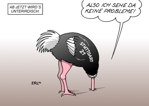 Cartoon: Stuttgart 21 (medium) by Erl tagged grundwasser,kostenexplosion,kosten,protest,unterirdisch,bahnhof,21,stuttgart,sand,kopf,strauß,vogel,probleme,mineralwasser,stuttgart,21