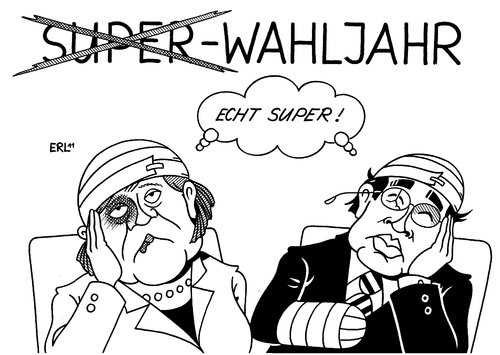 Cartoon: Super-Wahljahr (medium) by Erl tagged superwahljahr,wahl,landtagswahl,bürgerschaftswahl,bundesregierung,koalition,schwarz,niederlage,niederlagen,merkel,rösler,vizekanzler,wirtschaftsminister,vorsitz,cdu,fdp,partei,parteichef