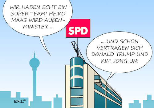 Cartoon: Super Team (medium) by Erl tagged politik,bundestagswahl,wahl,regierung,groko,große,koalition,cdu,csu,spd,super,team,aussenminister,heiko,maas,usa,präsident,donald,trump,nordkorea,diktator,kim,jong,un,einladung,treffen,gespräch,atomwaffen,abrüstung,freundlichkeit,säbelrasseln,kriegsrhetorik,gefahr,atomkrieg,entspannung,chance,karikatur,erl,politik,bundestagswahl,wahl,regierung,groko,große,koalition,cdu,csu,spd,super,team,aussenminister,heiko,maas,usa,präsident,donald,trump,nordkorea,diktator,kim,jong,un,einladung,treffen,gespräch,atomwaffen,abrüstung,freundlichkeit,säbelrasseln,kriegsrhetorik,gefahr,atomkrieg,entspannung,chance,karikatur,erl