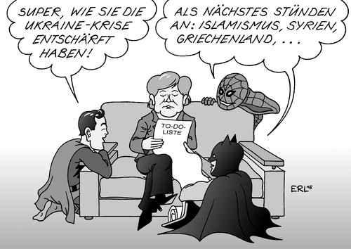 Cartoon: Superhelden unter sich (medium) by Erl tagged angela,merkel,diplomatie,ukraine,krise,krieg,ostukraine,entschärfen,heldin,superheld,superman,batman,spiderman,agenda,islamismus,syrien,griechenland,schulden,euro,banken,finanzen