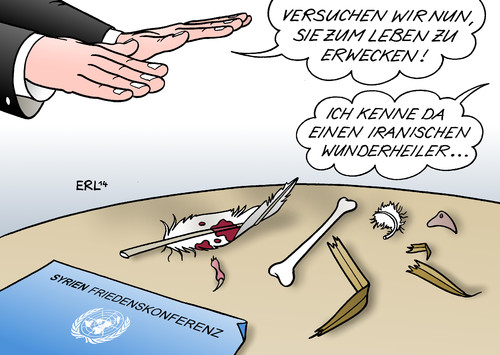 Cartoon: Syrien (medium) by Erl tagged syrien,bürgerkrieg,un,friedenskonferenz,konferenz,syrienkonferenz,generalsekretär,ban,ki,moon,iran,einladung,ausladung,friedenstaube,rest,wiederbelebung,wunder,wunderheiler,karikatur,erl,syrien,bürgerkrieg,un,friedenskonferenz,konferenz,syrienkonferenz,generalsekretär,ban,ki,moon,iran,einladung,ausladung