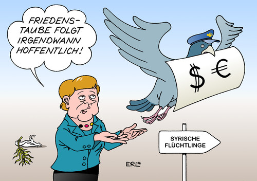 Cartoon: Syrien (medium) by Erl tagged erl,karikatur,merkel,angela,bundeskanzlerin,frieden,friedenstaube,brieftaube,hilfe,geld,geberkonferenz,flüchtlinge,syrien,syrien,flüchtlinge,geberkonferenz,geld,hilfe,brieftauben,friedenstaube,frieden,bundeskanzler,angela,merkel,karikatur,erl