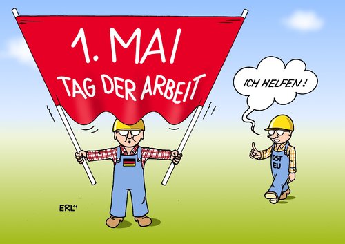 Cartoon: Tag der Arbeit (medium) by Erl tagged angst,konkurrenz,hilfe,deutschland,osteuropa,freizügigkeit,eu,europa,mai,erster,tag,arbeit,arbeit,erster mai,freizügigkeit,osteuropa,deutschland,hilfe,konkurrenz,angst,erster,mai