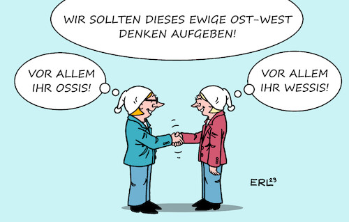 Cartoon: Tag der Deutschen Einheit (medium) by Erl tagged politik,deutschland,tag,der,deutschen,einheit,wiedervereinigung,oktober,1990,33,jahre,brd,ddr,west,ost,wessi,ossi,denken,vorurteile,mauer,köpfe,karikatur,erl,politik,deutschland,tag,der,deutschen,einheit,wiedervereinigung,oktober,1990,33,jahre,brd,ddr,west,ost,wessi,ossi,denken,vorurteile,mauer,köpfe,karikatur,erl