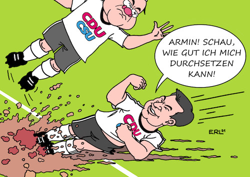 Cartoon: Teamplayer Söder (medium) by Erl tagged politik,partei,cdu,csu,union,kanzlerkandidat,armin,laschet,nrw,ministerpräsident,bayern,markus,söder,umfragewerte,beliebtheit,basis,durchsetzungsfähigkeit,blutgrätsche,foulspieler,foul,mannschaft,team,teamplayer,fußball,sport,karikatur,erl,politik,partei,cdu,csu,union,kanzlerkandidat,armin,laschet,nrw,ministerpräsident,bayern,markus,söder,umfragewerte,beliebtheit,basis,durchsetzungsfähigkeit,blutgrätsche,foulspieler,foul,mannschaft,team,teamplayer,fußball,sport,karikatur,erl