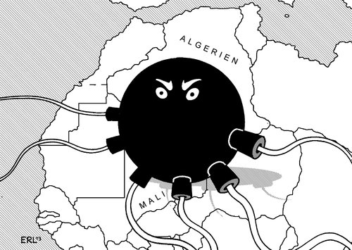 Cartoon: Terror (medium) by Erl tagged mali,algerien,geiselnahme,rebellen,islamistisch,militäreinsatz,frankreich,bombe,krake,spinne,nordafrika