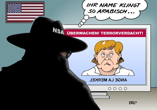 Cartoon: Terrorverdacht (medium) by Erl tagged usa,geheimdienst,nsa,spionage,überwachung,abhörung,daten,internet,email,sms,telefon,kommunikation,deutschland,eu,terrorismus,terror,verdacht,bundeskanzlerin,angela,merkel,name,klang,rückwärts,arabisch,usa,geheimdienst,nsa,spionage,überwachung,abhörung,daten,internet,email,sms,telefon,kommunikation,deutschland,eu,terrorismus,terror,verdacht,bundeskanzlerin,angela,merkel,name,klang,rückwärts,arabisch