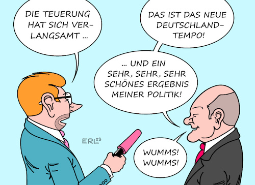 Cartoon: Teuerung (medium) by Erl tagged politik,wirtschaft,finanzen,inflation,inflationsrate,teuerung,verlangsamung,bundeskanzler,olaf,scholz,kommunikation,sprache,neues,deutschlandtempo,wumms,doppelwumms,sehr,schön,karikatur,erl,politik,wirtschaft,finanzen,inflation,inflationsrate,teuerung,verlangsamung,bundeskanzler,olaf,scholz,kommunikation,sprache,neues,deutschlandtempo,wumms,doppelwumms,sehr,schön,karikatur,erl