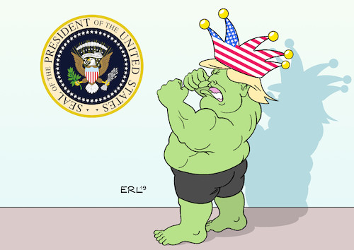 Cartoon: The President of the USA (medium) by Erl tagged politik,usa,präsident,donald,trump,amt,würde,druck,wutanfall,benehmen,kindisch,außenpolitik,ahnungslosigkeit,rechtspopulismus,nationalismus,rassismus,hulk,narr,narrenkappe,karikatur,erl,the,politik,usa,präsident,donald,trump,amt,würde,druck,wutanfall,benehmen,kindisch,außenpolitik,ahnungslosigkeit,rechtspopulismus,nationalismus,rassismus,hulk,narr,narrenkappe,karikatur,erl