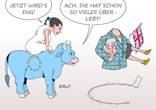 Cartoon: Theresa May (medium) by Erl tagged politik,brexit,großbritannien,gb,uk,austritt,eu,europäische,union,premierministerin,theresa,may,vertrag,abstimmung,parlament,niederlage,ungewissheit,no,deal,chaos,zweites,referendum,nachverhandlung,brüssel,termin,29,märz,gerücht,aufstand,tories,sturz,europa,stier,karikatur,erl,politik,brexit,großbritannien,gb,uk,austritt,eu,europäische,union,premierministerin,theresa,may,vertrag,abstimmung,parlament,niederlage,ungewissheit,no,deal,chaos,zweites,referendum,nachverhandlung,brüssel,termin,29,märz,gerücht,aufstand,tories,sturz,europa,stier,karikatur,erl