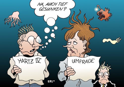 Cartoon: Tief gesunken (medium) by Erl tagged regierung,koalition,schwarz,gelb,cdu,csu,fdp,umfrage,wert,tief,niedrig,hartz,vier,satz,sätze,tiefsee,merkel,westerwelle,empfänger,arbeit,job,arbeitslosigkeit,koalition,regelsatzerhöhung,hartz,gelb,csu,fdp,umfrage,westerwelle,merkel,empfänger