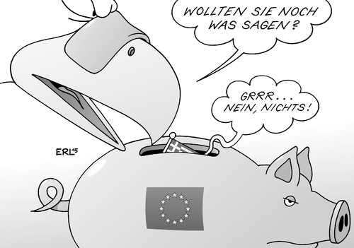 Cartoon: Tierisches Teamwork (medium) by Erl tagged griechenland,krise,schulden,euro,kredit,hilfe,verlängerung,bedingung,reformen,sparkurs,regierung,tsipras,varoufakis,wahlversprechen,reformliste,schäuble,eu,ezb,iwf,troika,geld,finanzen,pleite,grexit,pleitegeier,sparschwein,teamwork