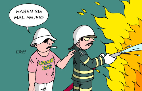 Cartoon: Tourismus (medium) by Erl tagged politik,klima,klimawandel,erderwärmung,extremwetter,dürre,hitze,waldbrände,südeuropa,griechenland,rhodos,italien,sizilien,feuerwehr,einsatz,kampf,tourismus,urlaub,flug,flüge,co2,rauchen,feuer,karikatur,erl,politik,klima,klimawandel,erderwärmung,extremwetter,dürre,hitze,waldbrände,südeuropa,griechenland,rhodos,italien,sizilien,feuerwehr,einsatz,kampf,tourismus,urlaub,flug,flüge,co2,rauchen,feuer,karikatur,erl