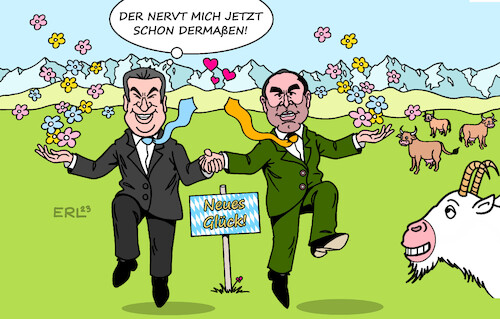 Cartoon: Traumpaar (medium) by Erl tagged politik,wahl,landtagswahl,bayern,wahlsieger,stimmenverluste,csu,ministerpräsident,markus,söder,festlegung,koalition,freie,wähler,hubert,aiwanger,stimmengewinne,forderungen,spannungen,streit,traumpaar,karikatur,erl,politik,wahl,landtagswahl,bayern,wahlsieger,stimmenverluste,csu,ministerpräsident,markus,söder,festlegung,koalition,freie,wähler,hubert,aiwanger,stimmengewinne,forderungen,spannungen,streit,traumpaar,karikatur,erl