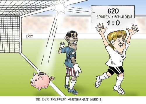 Cartoon: Treffer (medium) by Erl tagged g20,gipfel,wirtschaft,finanzen,sparen,schulden,strategie,merkel,obama,fußball,tor,wembley,latte,deutschland,england,treffer,anerkennung,g20,gipfel,finanzen,sparen,merkel,strategie,obama,fußball,tor,latte,deutschland,england,treffer