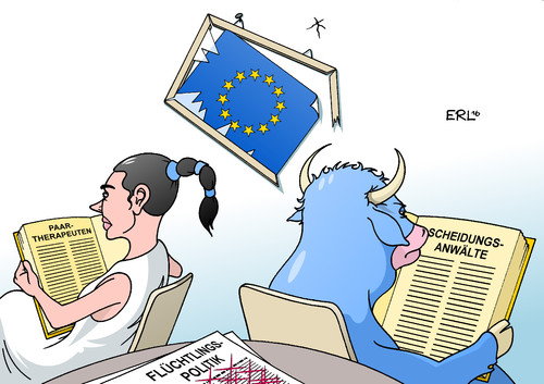 Cartoon: Trennungsgerüchte (medium) by Erl tagged europa,stier,eu,flüchtlingspolitik,egoismus,uneinigkeit,zerfall,spaltung,trennung,ehe,paartherapie,paartherapeut,scheidung,anwalt,scheidungsanwalt,ehepaar,paar,streit,trennungsgerüchte,karikatur,erl,europa,stier,eu,flüchtlingspolitik,egoismus,uneinigkeit,zerfall,spaltung,trennung,ehe,paartherapie,paartherapeut,scheidung,anwalt,scheidungsanwalt,ehepaar,paar,streit,trennungsgerüchte,karikatur,erl