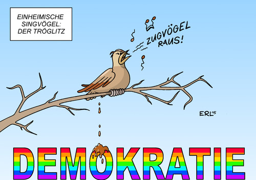 Cartoon: Tröglitz (medium) by Erl tagged tröglitz,brandanschlag,asylbewerberheim,bedrohung,bürgermeister,landrat,rechtsextremismus,ausländerfeindlichekeit,verfassungsfeindlichkeit,npd,singvogel,singvögel,einheimisch,zugvogel,zugvögel,asyl,flüchtlinge,demokratie,bunt,braun,karikatur,erl,tröglitz,brandanschlag,asylbewerberheim,bedrohung,bürgermeister,landrat,rechtsextremismus,ausländerfeindlichekeit,verfassungsfeindlichkeit,npd,singvogel,singvögel,einheimisch,zugvogel,zugvögel,asyl,flüchtlinge,demokratie,bunt,braun