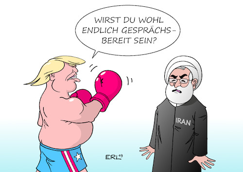 Cartoon: Trump-Diplomatie (medium) by Erl tagged politik,atomabkommen,vertrag,atomwaffen,iran,ausstieg,usa,präsident,donald,trump,rohani,säbelrasseln,drohgebärden,diplomatie,gespräche,boxen,boxhandschuhe,karikatur,erl,politik,atomabkommen,vertrag,atomwaffen,iran,ausstieg,usa,präsident,donald,trump,rohani,säbelrasseln,drohgebärden,diplomatie,gespräche,boxen,boxhandschuhe,karikatur,erl