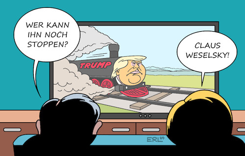 Cartoon: Trump (medium) by Erl tagged politik,usa,republikaner,vorwahlen,iowa,new,hampshire,sieger,donald,trump,rechtspopulismus,rechtsextremismus,ziel,autokratie,abbau,demokratie,lokomotive,dampflok,zug,stoppen,deutschland,gdl,gewerkschaft,lokführer,chef,claus,weselsky,streik,länge,rekord,sturheit,bahn,karikatur,erl,politik,usa,republikaner,vorwahlen,iowa,new,hampshire,sieger,donald,trump,rechtspopulismus,rechtsextremismus,ziel,autokratie,abbau,demokratie,lokomotive,dampflok,zug,stoppen,deutschland,gdl,gewerkschaft,lokführer,chef,claus,weselsky,streik,länge,rekord,sturheit,bahn,karikatur,erl