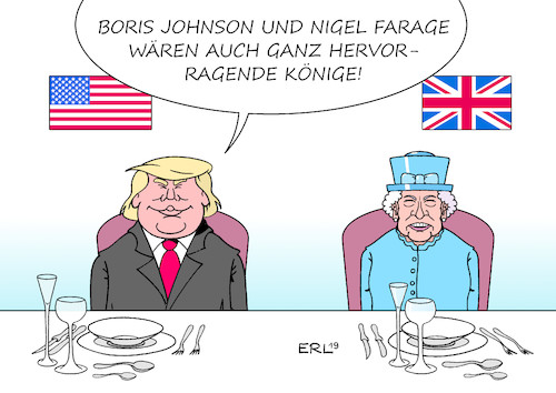 Cartoon: Trump in UK (medium) by Erl tagged politik,usa,präsident,donald,trump,rechtspopulismus,nationalismus,rüpel,besuch,großbritannien,gb,uk,einmischung,innenpolitik,brexit,hart,no,deal,empfehlung,lob,boris,johnson,nigel,farage,brüskierung,theresa,may,queen,elizabeth,ii,karikatur,erl,politik,usa,präsident,donald,trump,rechtspopulismus,nationalismus,rüpel,besuch,großbritannien,gb,uk,einmischung,innenpolitik,brexit,hart,no,deal,empfehlung,lob,boris,johnson,nigel,farage,brüskierung,theresa,may,queen,elizabeth,ii,karikatur,erl