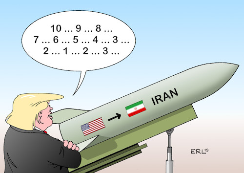 Cartoon: Trump Iran (medium) by Erl tagged politik,nahost,golf,golfregion,usa,ausstieg,atomabkommen,iran,wirtschaft,sanktionen,drohungen,säbelrasseln,abschuss,us,drohne,präsident,donald,trump,befehl,angriff,rückzug,absage,sieg,vernunft,count,down,gefahr,eskalation,krieg,karikatur,erl,politik,nahost,golf,golfregion,usa,ausstieg,atomabkommen,iran,wirtschaft,sanktionen,drohungen,säbelrasseln,abschuss,us,drohne,präsident,donald,trump,befehl,angriff,rückzug,absage,sieg,vernunft,count,down,gefahr,eskalation,krieg,karikatur,erl