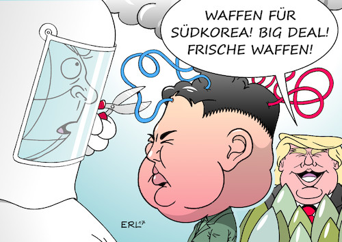 Cartoon: Trump Koreakrise (medium) by Erl tagged nordkorea,diktator,kim,jong,un,atombombe,atomwaffen,atomtest,wasserstoffbombe,reaktion,usa,präsident,donald,trump,drohung,stärke,militärschlag,twitter,krieg,gefahr,atomkrieg,welt,erde,diplomatie,deeskalation,waffen,big,deal,waffenlieferung,südkorea,korea,krise,bombenentschärfung,karikatur,erl,nordkorea,diktator,kim,jong,un,atombombe,atomwaffen,atomtest,wasserstoffbombe,reaktion,usa,präsident,donald,trump,drohung,stärke,militärschlag,twitter,krieg,gefahr,atomkrieg,welt,erde,diplomatie,deeskalation,waffen,big,deal,waffenlieferung,südkorea,korea,krise,bombenentschärfung,karikatur,erl