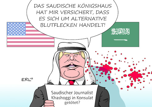 Cartoon: Trump Saudi Arabien (medium) by Erl tagged politik,usa,präsident,donald,trump,saudi,arabien,konsulat,istanbul,verdacht,mord,journalist,khashoggi,königshaus,beteuerung,unschuld,alternative,fakten,karikatur,erl,politik,usa,präsident,donald,trump,saudi,arabien,konsulat,istanbul,verdacht,mord,journalist,khashoggi,königshaus,beteuerung,unschuld,alternative,fakten,karikatur,erl