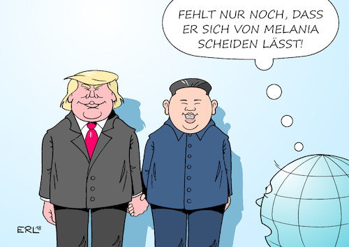 Cartoon: Trump und Kim (medium) by Erl tagged politik,gipfel,treffen,usa,präsident,donald,trump,nordkorea,diktator,kim,jong,un,vertrag,vereinbarung,harmonie,abrüstung,atomwaffen,sicherheit,garantie,frieden,wohlstand,staunen,erde,karikatur,erl,politik,gipfel,treffen,usa,präsident,donald,trump,nordkorea,diktator,kim,jong,un,vertrag,vereinbarung,harmonie,abrüstung,atomwaffen,sicherheit,garantie,frieden,wohlstand,staunen,erde,karikatur,erl