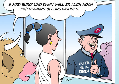 Cartoon: Türkei EU (medium) by Erl tagged eu,flüchtlinge,türkei,grenze,grenzschutz,sicherheitsdienst,versorgung,flüchtlingslager,geld,euro,beitritt,europäische,union,erdogan,europa,stier,karikatur,erl,eu,flüchtlinge,türkei,grenze,grenzschutz,sicherheitsdienst,versorgung,flüchtlingslager,geld,euro,beitritt,europäische,union,erdogan,europa,stier,karikatur,erl