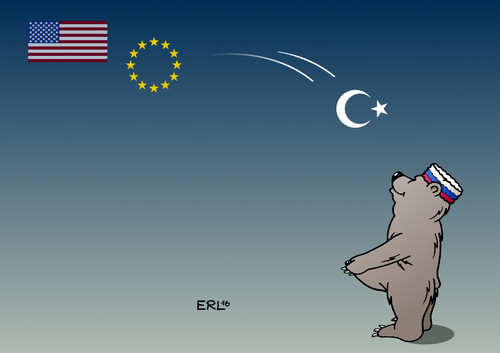 Cartoon: Türkei Russland (medium) by Erl tagged türkei,militärputsch,präsident,erdogan,säuberung,verhaftung,kritik,eu,usa,westen,besuch,russland,putin,sanktionen,annexion,krim,halbmond,sterne,sterntaler,bär,karikatur,erl,türkei,militärputsch,präsident,erdogan,säuberung,verhaftung,kritik,eu,usa,westen,besuch,russland,putin,sanktionen,annexion,krim,halbmond,sterne,sterntaler,bär,karikatur,erl