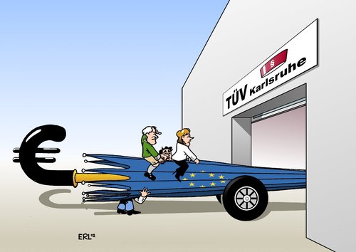 Cartoon: TÜV Karlsruhe (medium) by Erl tagged bundesverfassungsgericht,karlsruhe,klage,esm,euro,eurorettung,eurorettungsschirm,fiskalpakt,urteil,märkte,grundgesetz,bezahlen,zahlungsmittel,geld,währung,tüv,auto,steuerzahler,merkel,seehofer,rösler,bundesverfassungsgericht,karlsruhe,klage,esm,euro,eurorettung,eurorettungsschirm,fiskalpakt,urteil