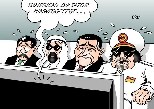 Cartoon: Tunesien (medium) by Erl tagged gaddafi,arabien,saudi,ägypten,libyen,kollegen,angst,exil,vertreibung,flucht,diktator,ali,ben,tunesien,mubarak,tunesien,ben,ali,diktator,flucht,vertreibung,exil,angst,kollegen,libyen,ägypten,saudi,arabien,gaddafi,mubarak