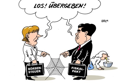 Cartoon: Übergeben (medium) by Erl tagged grün,rot,opposition,fdp,csu,cdu,börsensteuer,finanztransaktionssteuer,entgegenkommen,zustimmung,grüne,spd,gabriel,merkel,finanzen,euro,geld,kotzen,übergeben,koffer,übergabe,krise,schuldenkrise,eu,fiskalpakt,gelb,schwarz,regierung,bundestag,abstimmung,schuldenbremse,haushaltsdisziplin,haushalt,schulden,fiskalpakt,eu,schuldenkrise,schulden,haushaltsdisziplin,schuldenbremse,abstimmung