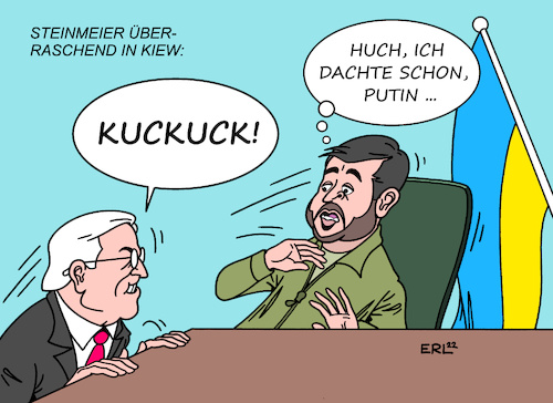 Cartoon: Überraschungsbesuch (medium) by Erl tagged politik,bundespräsident,frank,walter,steinmeier,besuch,überraschungsbesuch,kiew,präsident,wolodymyr,selenskyj,krieg,angriff,überfall,luftangriffe,wladimir,putin,russland,ukraine,karikatur,erl,politik,bundespräsident,frank,walter,steinmeier,besuch,überraschungsbesuch,kiew,präsident,wolodymyr,selenskyj,krieg,angriff,überfall,luftangriffe,wladimir,putin,russland,ukraine,karikatur,erl