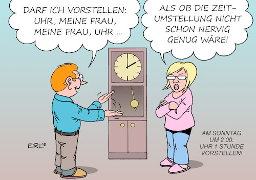 Cartoon: Uhr 1 Stunde vorstellen (medium) by Erl tagged politik,gesellschaft,zeitumstellung,winterzeit,sommerzeit,uhr,stunde,vorstellen,zurückstellen,bevölkerung,ablehnung,nervig,wortspiel,witz,komiker,mann,frau,ehe,ehepaar,zeit,karikatur,erl,politik,gesellschaft,zeitumstellung,winterzeit,sommerzeit,uhr,stunde,vorstellen,zurückstellen,bevölkerung,ablehnung,nervig,wortspiel,witz,komiker,mann,frau,ehe,ehepaar,zeit,karikatur,erl