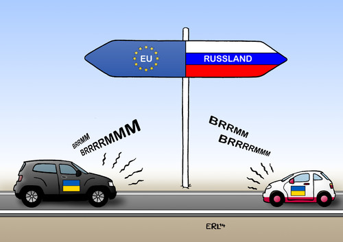 Cartoon: Ukraine (medium) by Erl tagged ukraine,protest,kiew,demonstration,zusammenstöße,regierung,opposition,kurs,eu,russland,wegweiser,auto,gas,motor,karikatur,erl,ukraine,protest,kiew,demonstration,zusammenstöße,regierung,opposition,kurs,eu,russland,wegweiser,auto,gas,motor