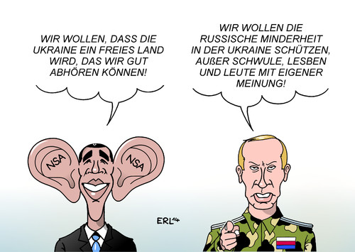 Cartoon: Ukraine USA Russland (medium) by Erl tagged freiheit,meinungsfreiheit,lesben,schwule,minderheit,russisch,krim,annexion,putin,russland,abhöraffäre,geheimdienst,nsa,obama,präsident,usa,ukraine,ukraune,usa,präsident,obama,nsa,geheimdienst,abhöraffäre,russland,putin,annexion,krim,russisch,minderheit,schwule,lesben,meinungsfreiheit,freiheit