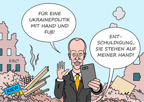 Cartoon: Ukrainepolitik (medium) by Erl tagged politik,krieg,angriff,überfall,wladimir,putin,russland,ukraine,besuch,kiew,friedrich,merz,cdu,oppositionsführer,taktik,wahlkampf,profilierung,selfie,handy,hand,fuß,rücken,bevölkerung,karikatur,erl,politik,krieg,angriff,überfall,wladimir,putin,russland,ukraine,besuch,kiew,friedrich,merz,cdu,oppositionsführer,taktik,wahlkampf,profilierung,selfie,handy,hand,fuß,rücken,bevölkerung,karikatur,erl