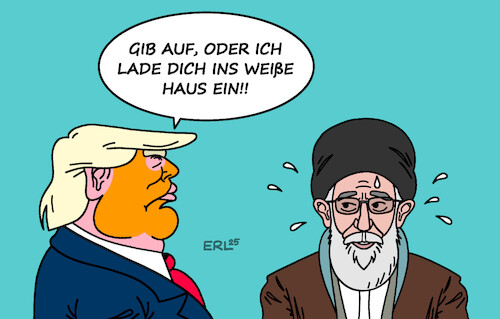 Cartoon: Ultimative Drohung (medium) by Erl tagged politik,krieg,israel,iran,trump,forderung,kapitulation,chamenei,weißes,haus,karikatur,erl,politik,krieg,israel,iran,trump,forderung,kapitulation,chamenei,weißes,haus,karikatur,erl