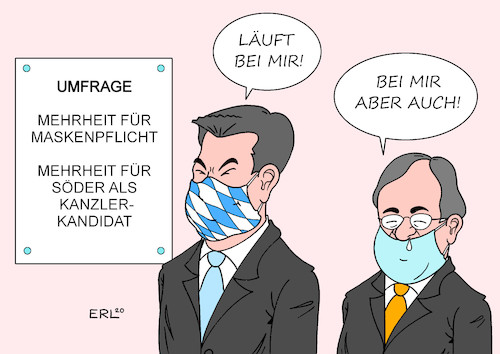 Cartoon: Umfragen (medium) by Erl tagged politik,cdu,csu,union,kanzlerkandidat,umfrage,mehrheit,markus,söder,corona,virus,pandemie,krise,management,konkurrent,armin,laschet,mundschutz,maske,maskenpflicht,karikatur,erl,politik,cdu,csu,union,kanzlerkandidat,umfrage,mehrheit,markus,söder,corona,virus,pandemie,krise,management,konkurrent,armin,laschet,mundschutz,maske,maskenpflicht,karikatur,erl