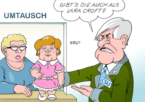 Cartoon: Umtausch (medium) by Erl tagged weihnachten,geschenke,umtausch,seehofer,puppe,merkel,nett,kämpferisch,lara,croft,innere,sicherheit,terror,anschlag,berlin,flüchtlinge,flüchtlingspolitik,konsequenzen,überwachung,abschottung,abschiebung,kontrolle,obergrenze,karikatur,erl,weihnachten,geschenke,umtausch,seehofer,puppe,merkel,nett,kämpferisch,lara,croft,innere,sicherheit,terror,anschlag,berlin,flüchtlinge,flüchtlingspolitik,konsequenzen,überwachung,abschottung,abschiebung,kontrolle,obergrenze,karikatur,erl