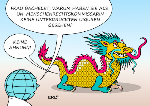 Cartoon: UN-Menschenrechtskommissarin (medium) by Erl tagged politik,china,unterdrückung,kultur,glaube,uiguren,lager,haft,folter,un,menschenrechtskommissarin,michelle,bachelet,reise,besuch,unterwürfigkeit,wiedergabe,propaganda,drache,erde,karikatur,erl,politik,china,unterdrückung,kultur,glaube,uiguren,lager,haft,folter,un,menschenrechtskommissarin,michelle,bachelet,reise,besuch,unterwürfigkeit,wiedergabe,propaganda,drache,erde,karikatur,erl